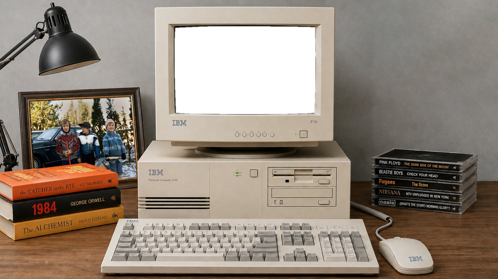 A retro IBM PC on a wooden desk in daylight